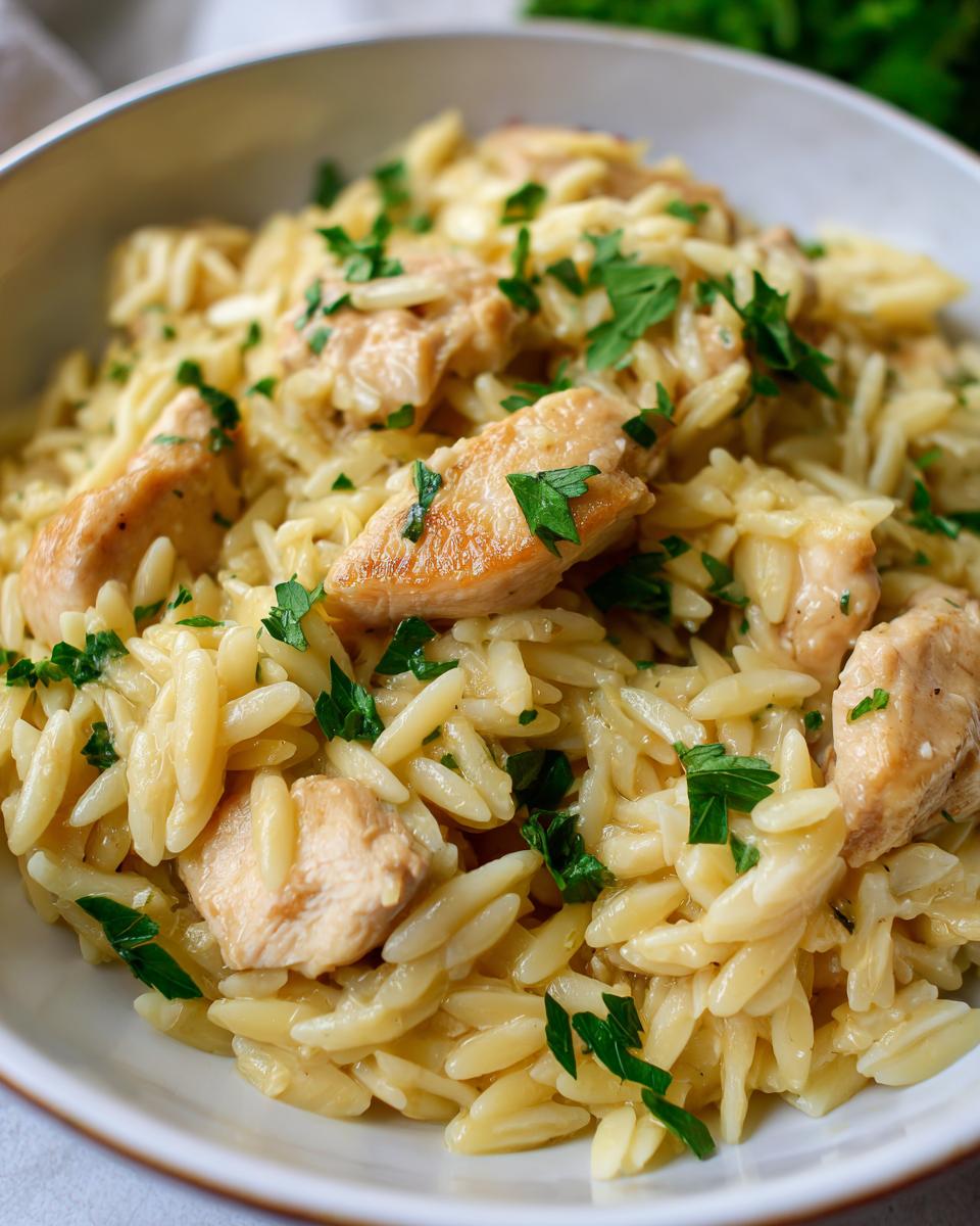 Close-up of creamy lemon chicken orzo pasta topped with fresh parsley in a light-colored bowl.