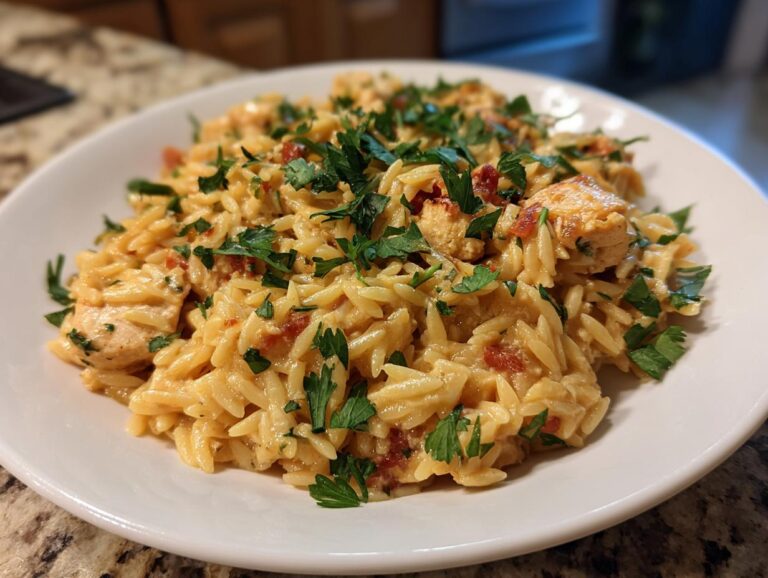 A close-up of a creamy lemon chicken orzo serving, topped generously with fresh chopped parsley.