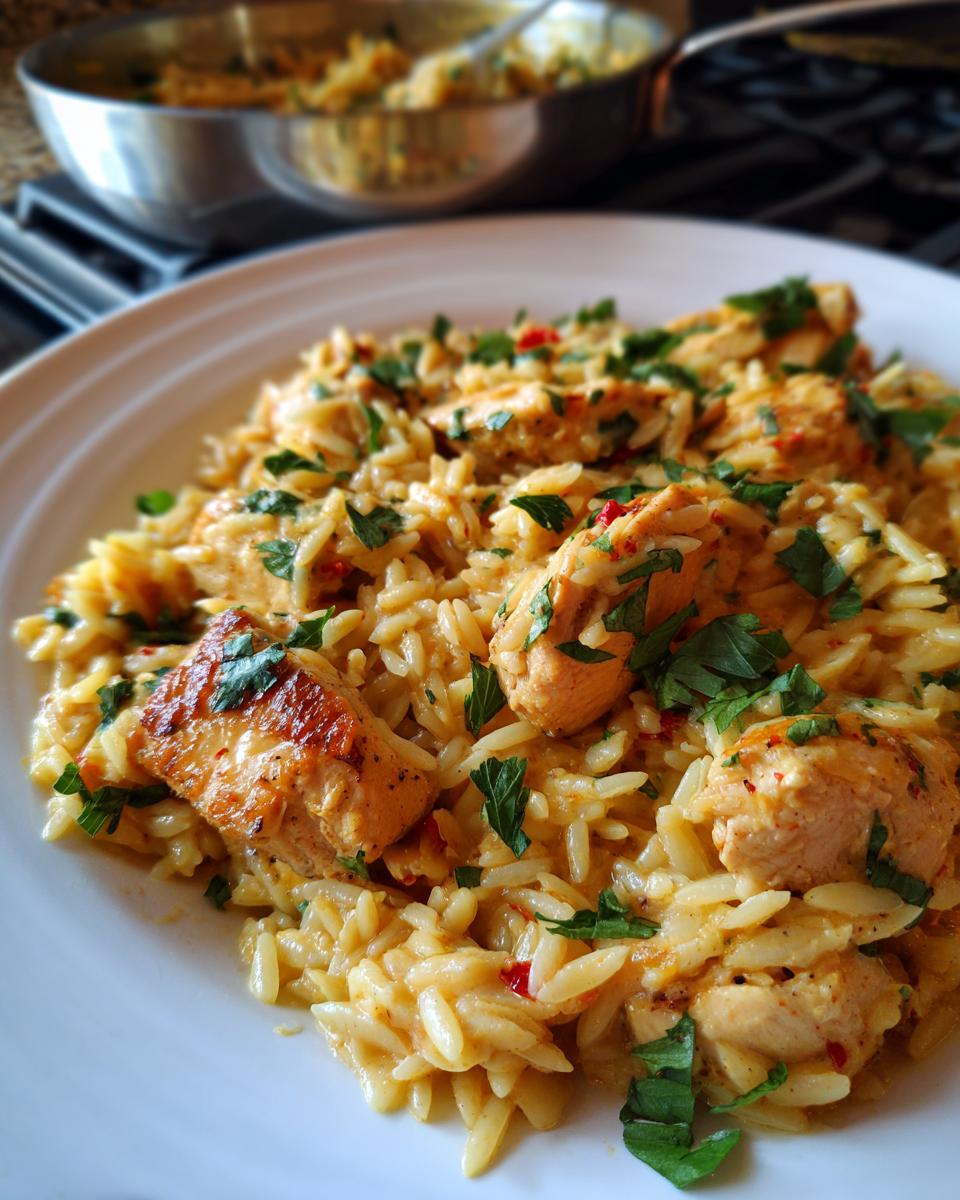 Close-up of creamy lemon chicken orzo topped with fresh parsley, with a skillet blurred in the background.