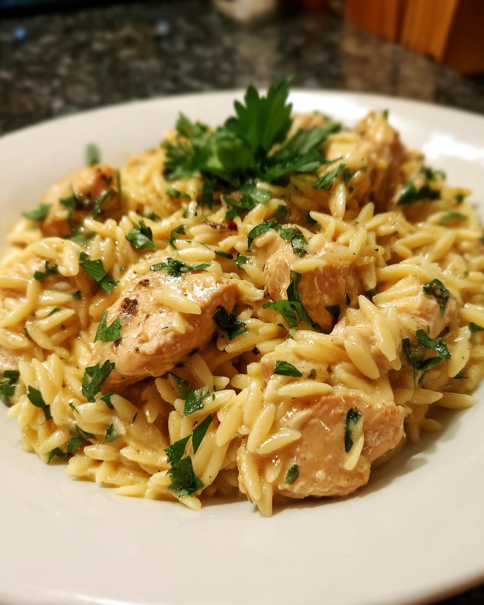 Close-up of creamy lemon chicken orzo pasta mixed with chunks of chicken and topped with fresh parsley.