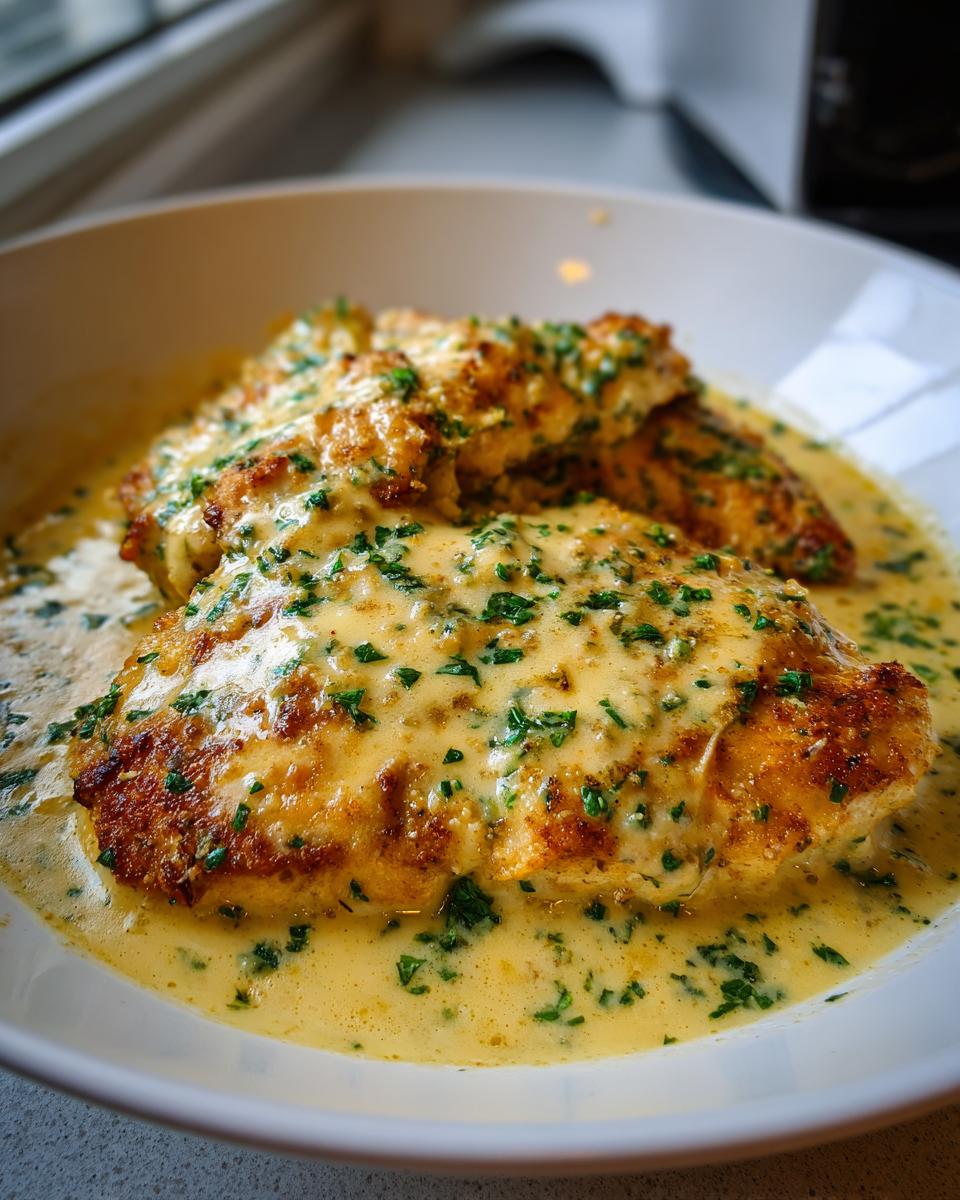 Two golden-brown chicken breasts smothered in a rich, creamy lemon sauce and topped with fresh parsley.