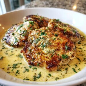 Four golden-brown pieces of creamy lemon chicken resting in a rich, pale yellow lemon cream sauce, garnished with fresh parsley.