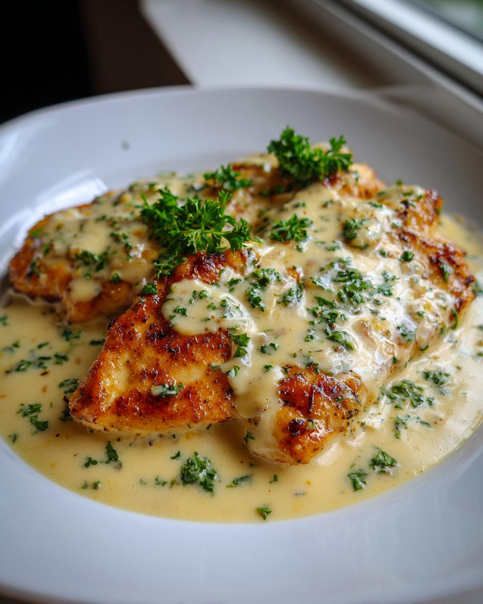 Two golden-brown chicken breasts smothered in a rich, creamy lemon sauce and topped with fresh parsley.