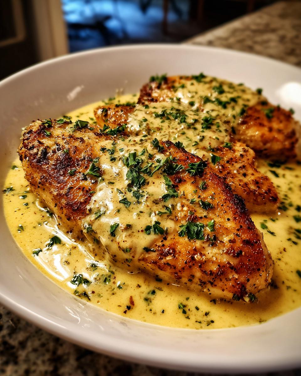 Three pieces of seared chicken breast covered in a rich, creamy lemon chicken sauce and topped with fresh parsley.