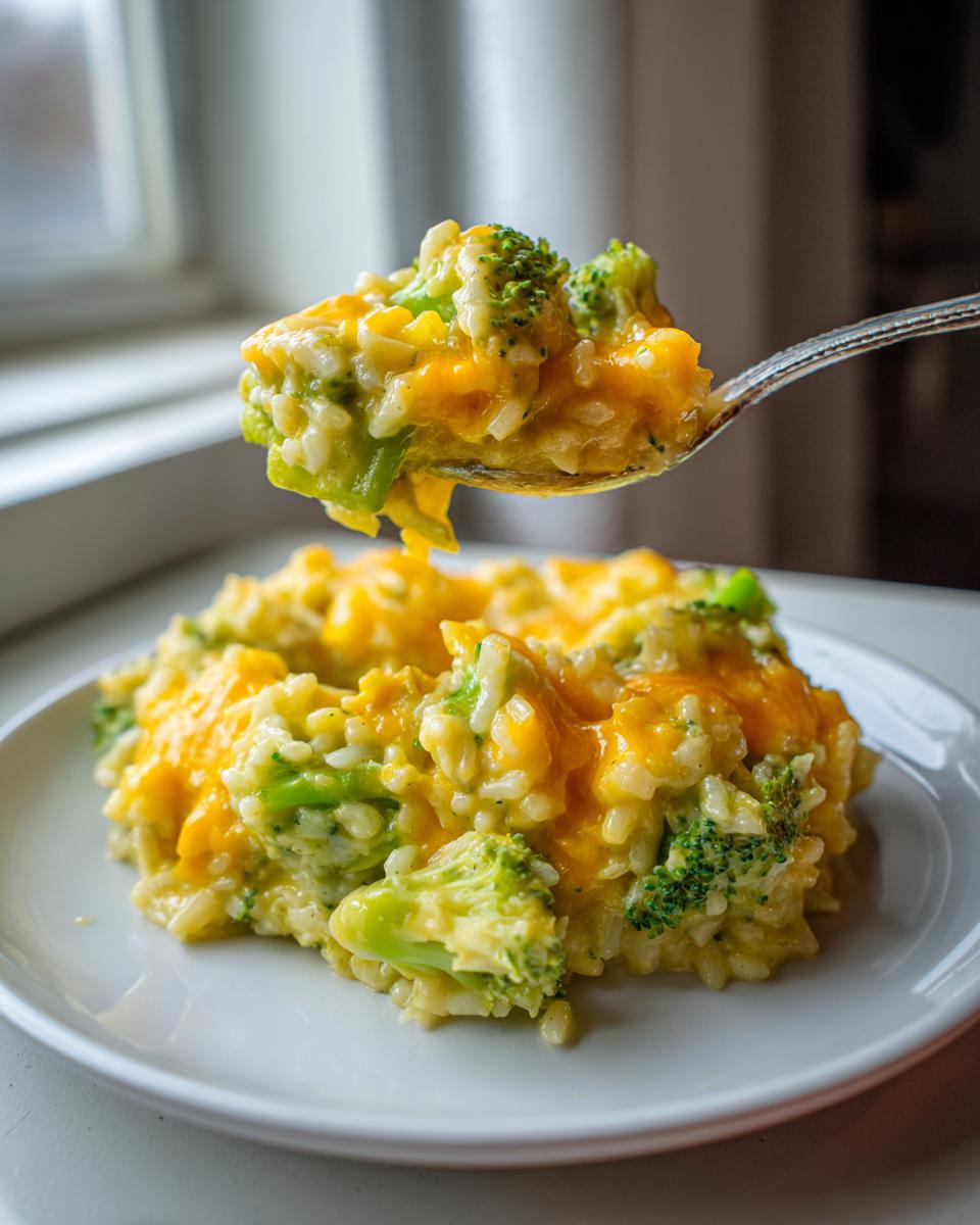 A spoonful of creamy broccoli rice topped with melted cheddar cheese being lifted above a serving on a white plate.