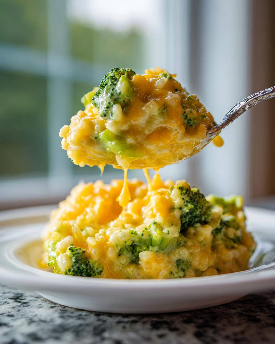 A spoonful of creamy, cheesy broccoli rice being lifted from a serving on a white plate.
