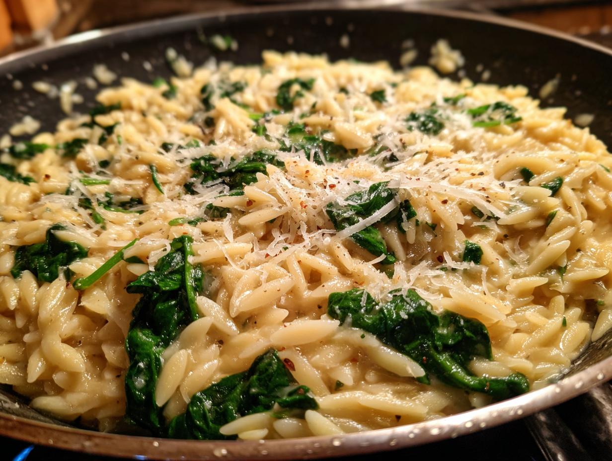 Close-up of creamy orzo pasta mixed with wilted spinach and topped with grated Parmesan cheese.
