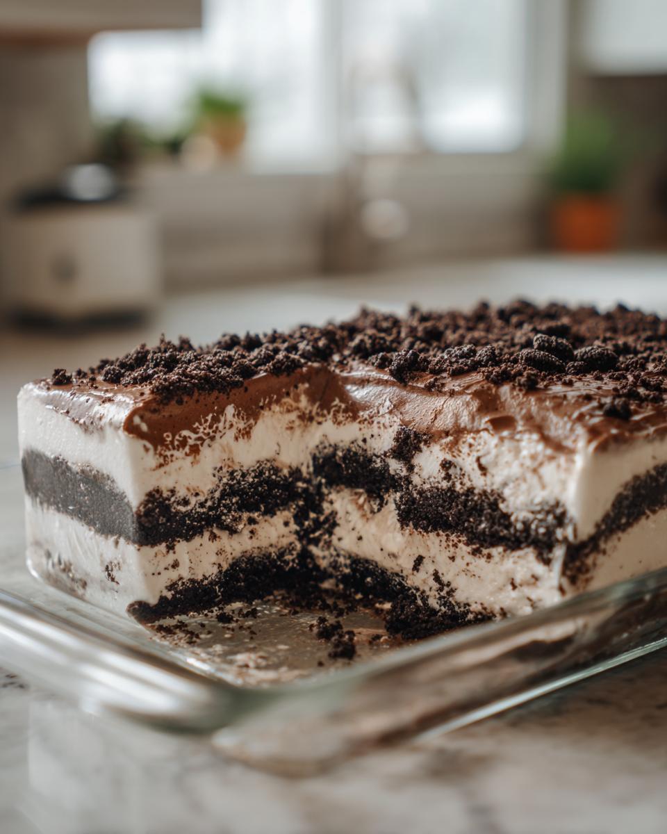 A close-up of a creamy, layered Oreo dirt cake with a serving removed, topped with crushed cookies.