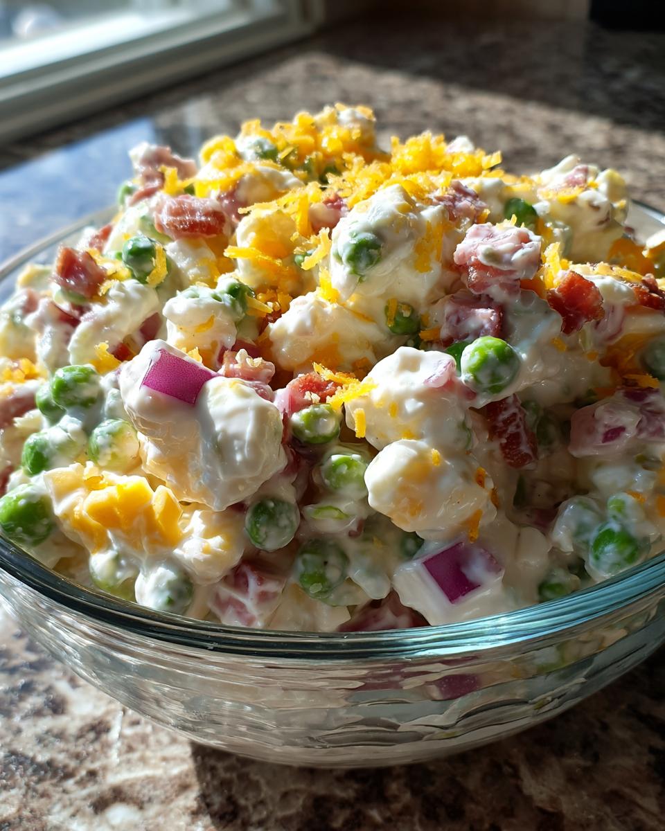 Close-up of a creamy pea salad mixed with bacon, red onion, and topped with shredded cheddar cheese.