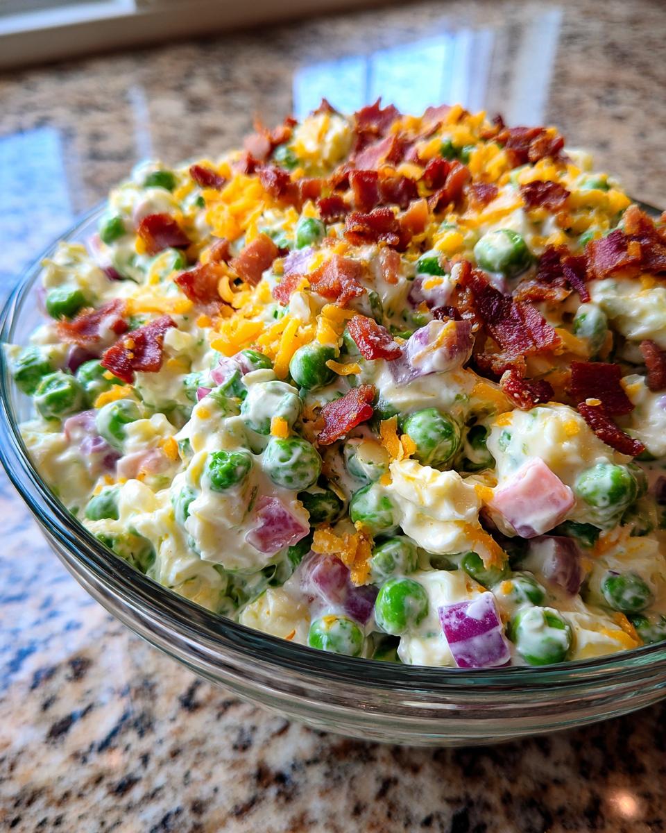 Close-up of a creamy pea salad mixed with onions and topped generously with crumbled bacon and shredded cheddar cheese.