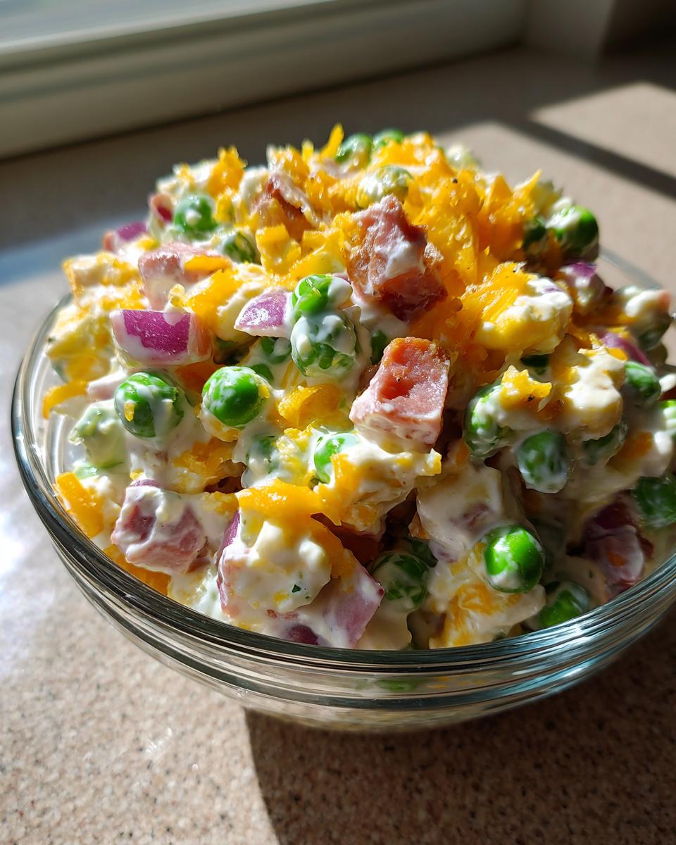 Close-up of a bowl of creamy pea salad mixed with diced ham, red onion, and topped with shredded cheddar cheese.