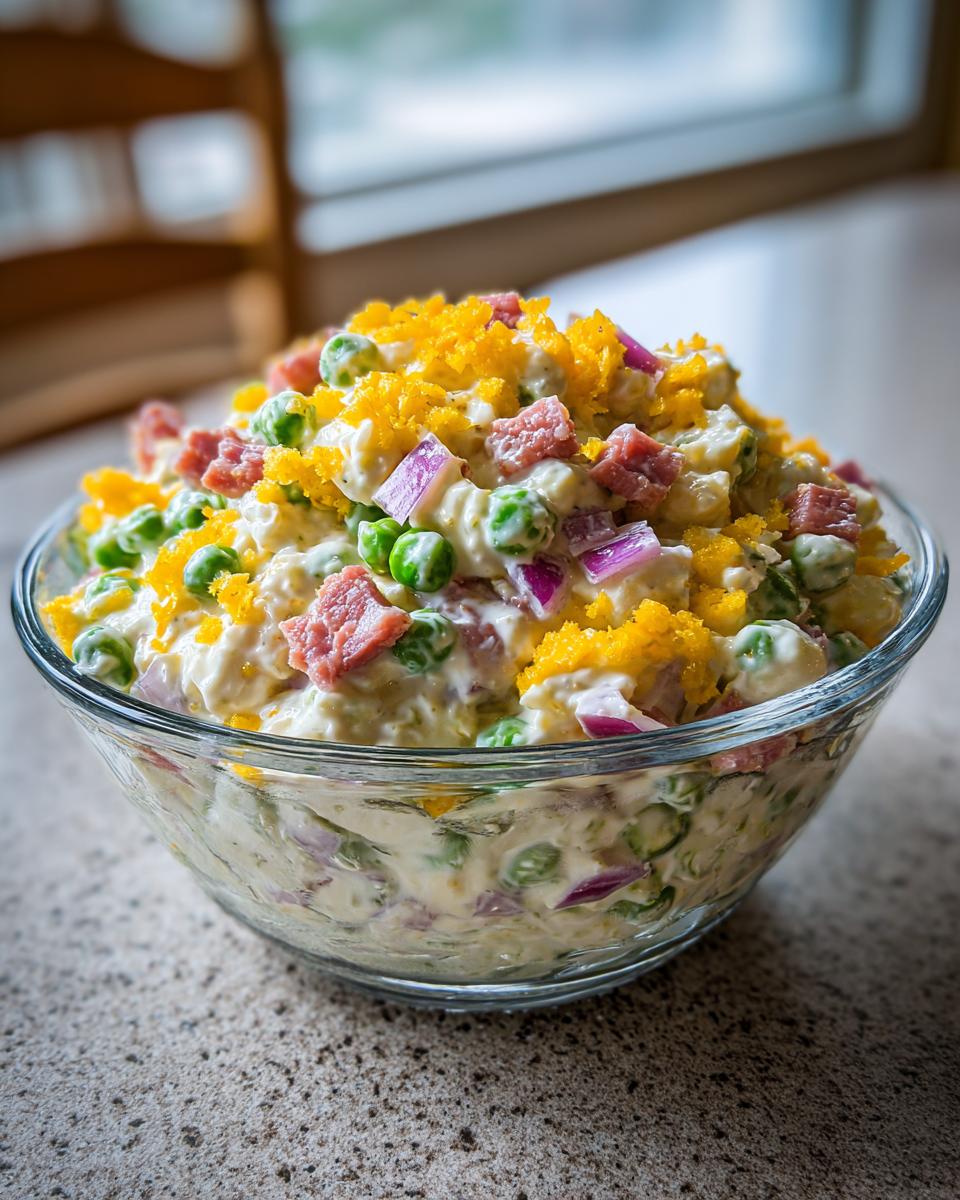Close-up of creamy pea salad mixed with ham, red onion, and topped with bright yellow crumbled egg yolk.