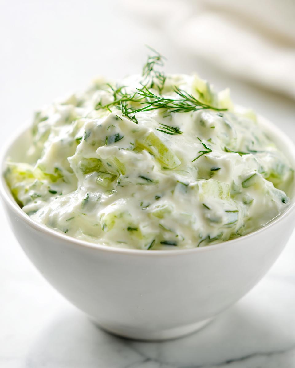 Close-up of creamy pickle dip in a white bowl, garnished with fresh dill.