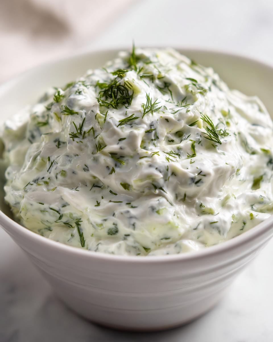 Close-up of a creamy, white pickle dip mixed with green relish and topped generously with fresh dill.