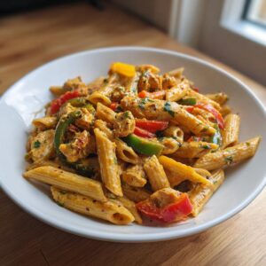 A close-up of creamy Rasta pasta mixed with colorful bell peppers and chicken pieces in a white bowl.