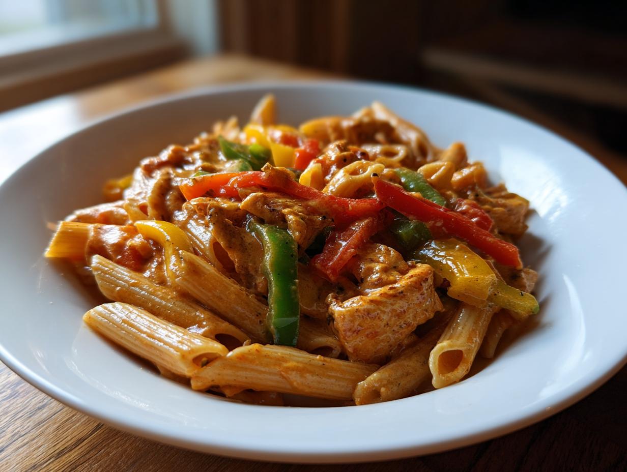 A close-up of creamy Rasta pasta featuring penne, chicken pieces, and colorful bell peppers in a white bowl.