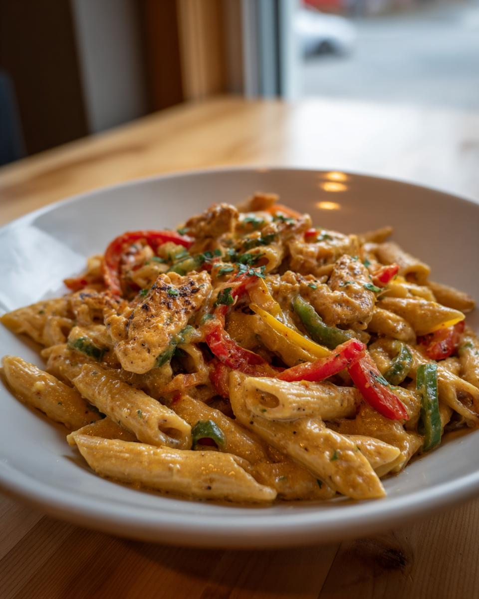 Close-up of creamy Rasta Pasta featuring penne, seasoned chicken pieces, and colorful bell peppers.