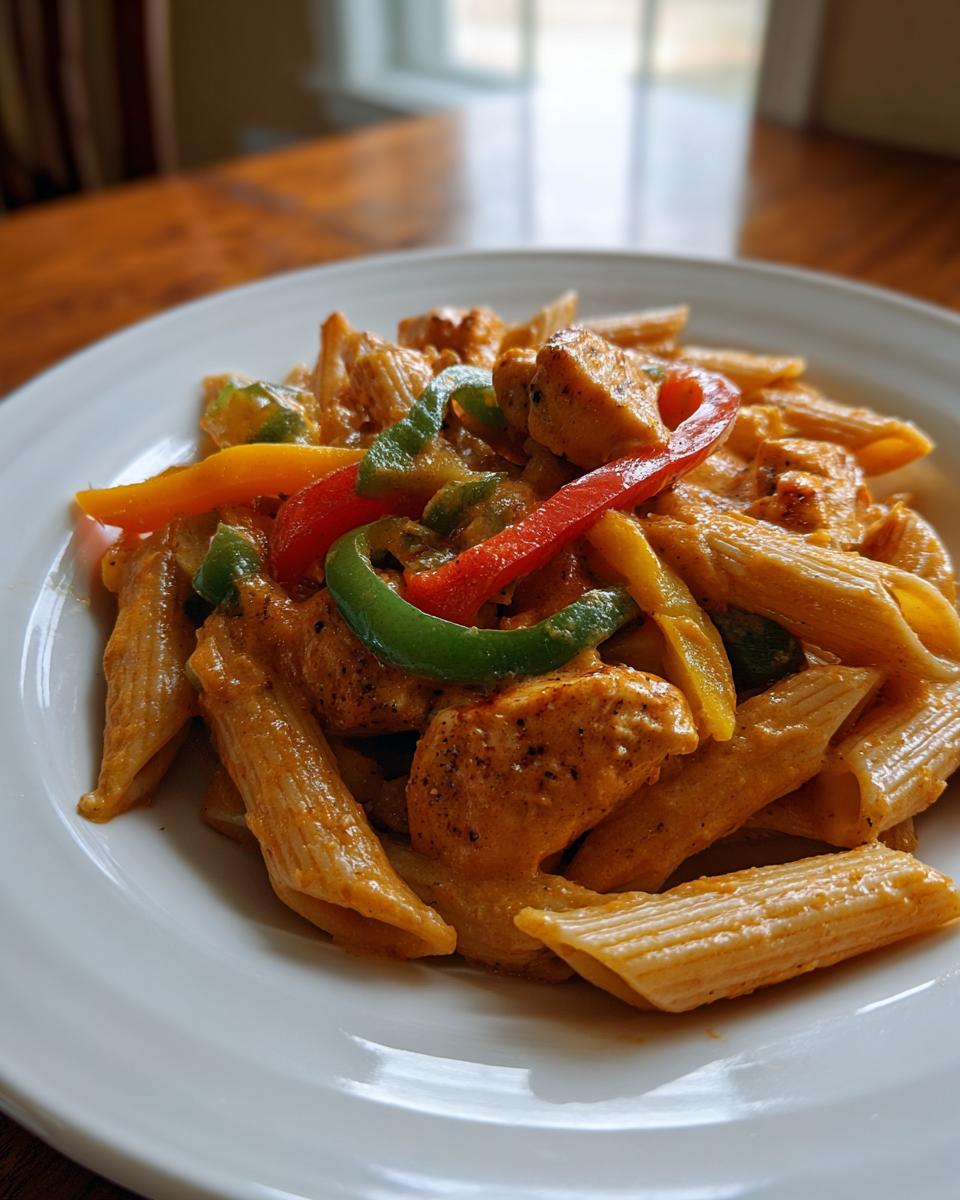 Close-up of a white plate filled with creamy Rasta Pasta featuring penne, chicken pieces, and colorful bell peppers.