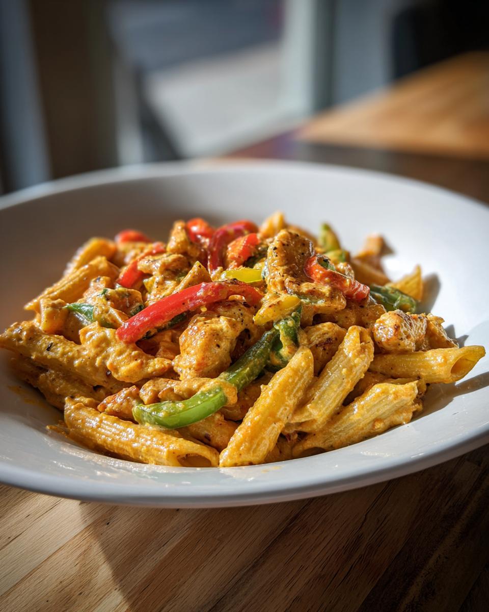 A close-up of creamy Rasta pasta featuring penne, chicken pieces, and colorful bell peppers in a white bowl.
