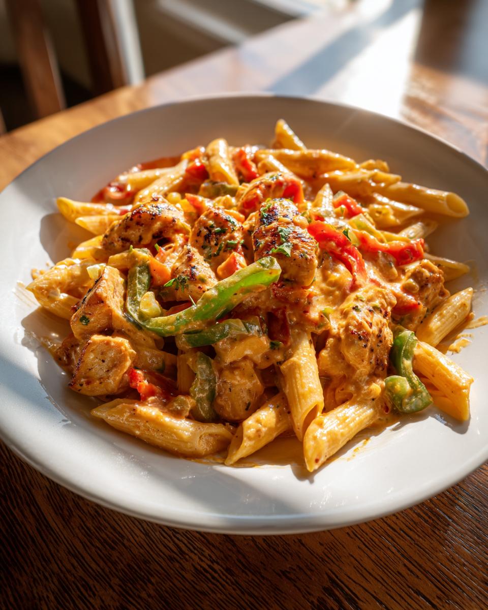A close-up of creamy Rasta Pasta featuring penne, seasoned chicken chunks, green peppers, and red tomatoes.