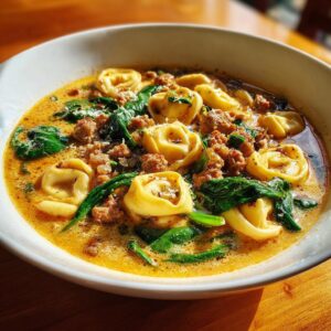 A close-up of a white bowl filled with creamy sausage tortellini soup, featuring pasta, crumbled sausage, and wilted spinach.
