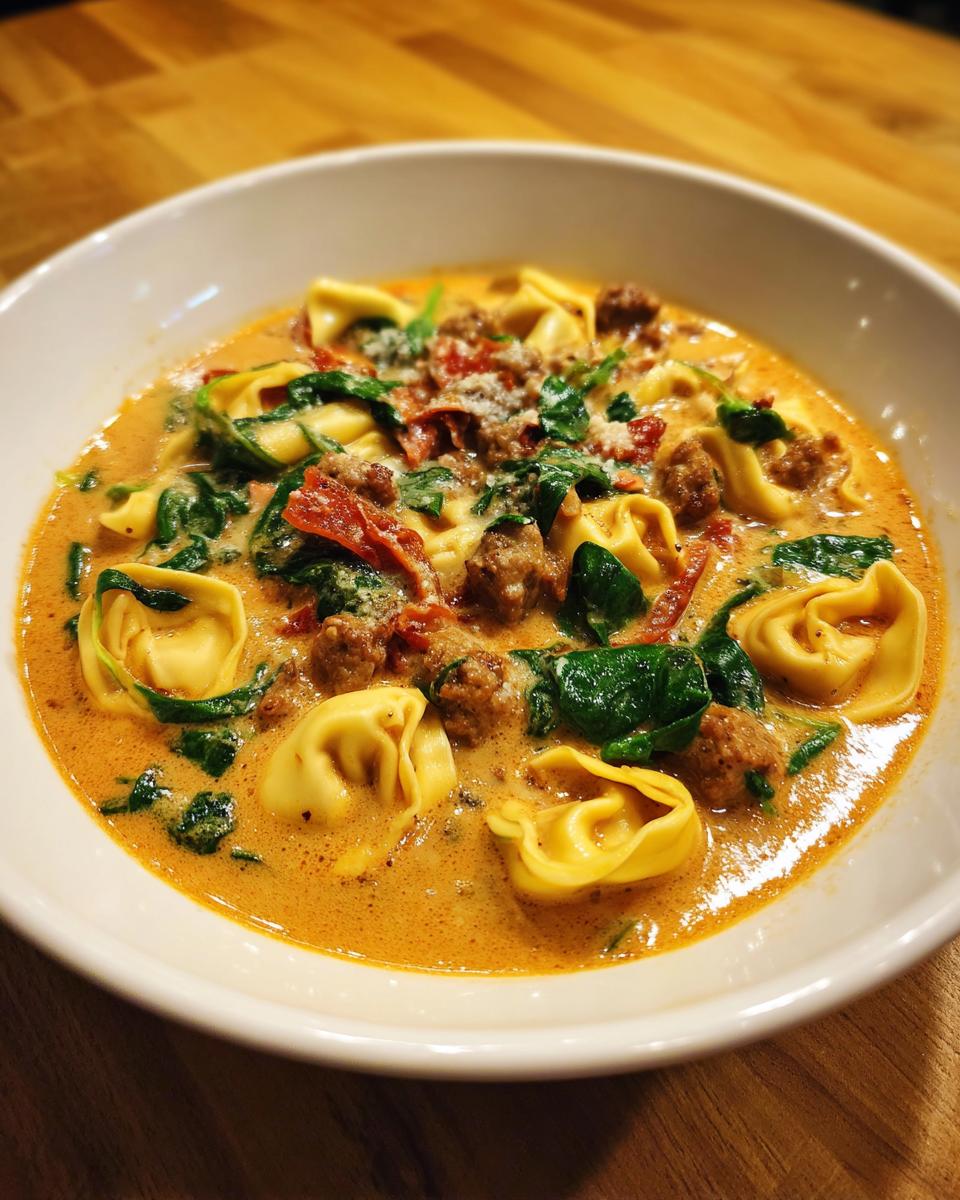 A close-up of a white bowl filled with creamy sausage tortellini soup, featuring tortellini, sausage crumbles, and spinach.