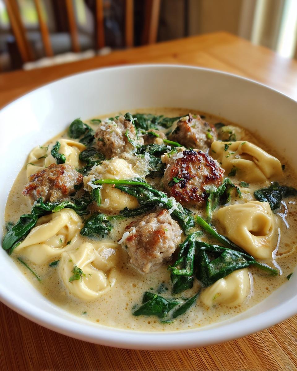 Close-up of a white bowl filled with creamy sausage tortellini soup, featuring sausage meatballs, wilted spinach, and grated cheese.