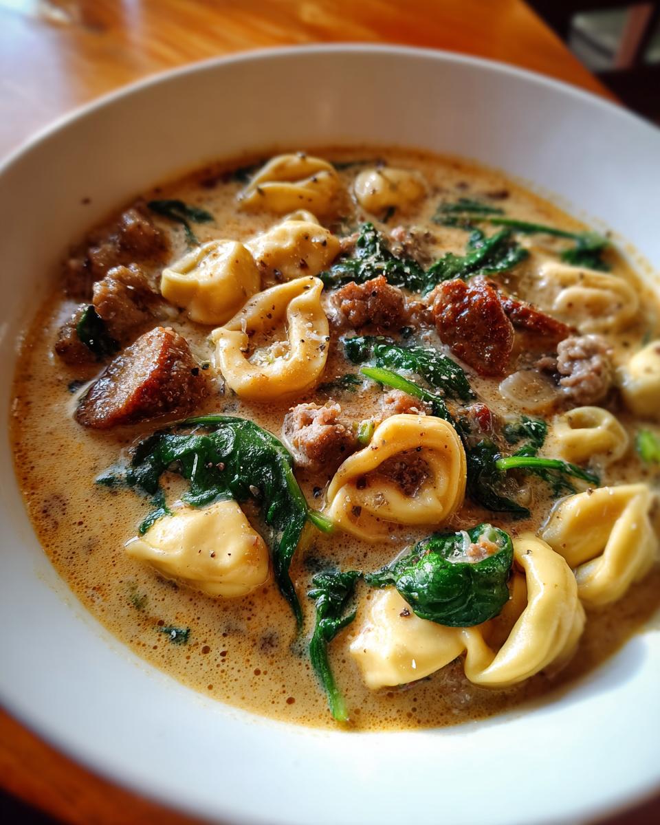Close-up of a hearty bowl of creamy sausage tortellini soup, featuring cheese tortellini, browned sausage chunks, and wilted spinach.