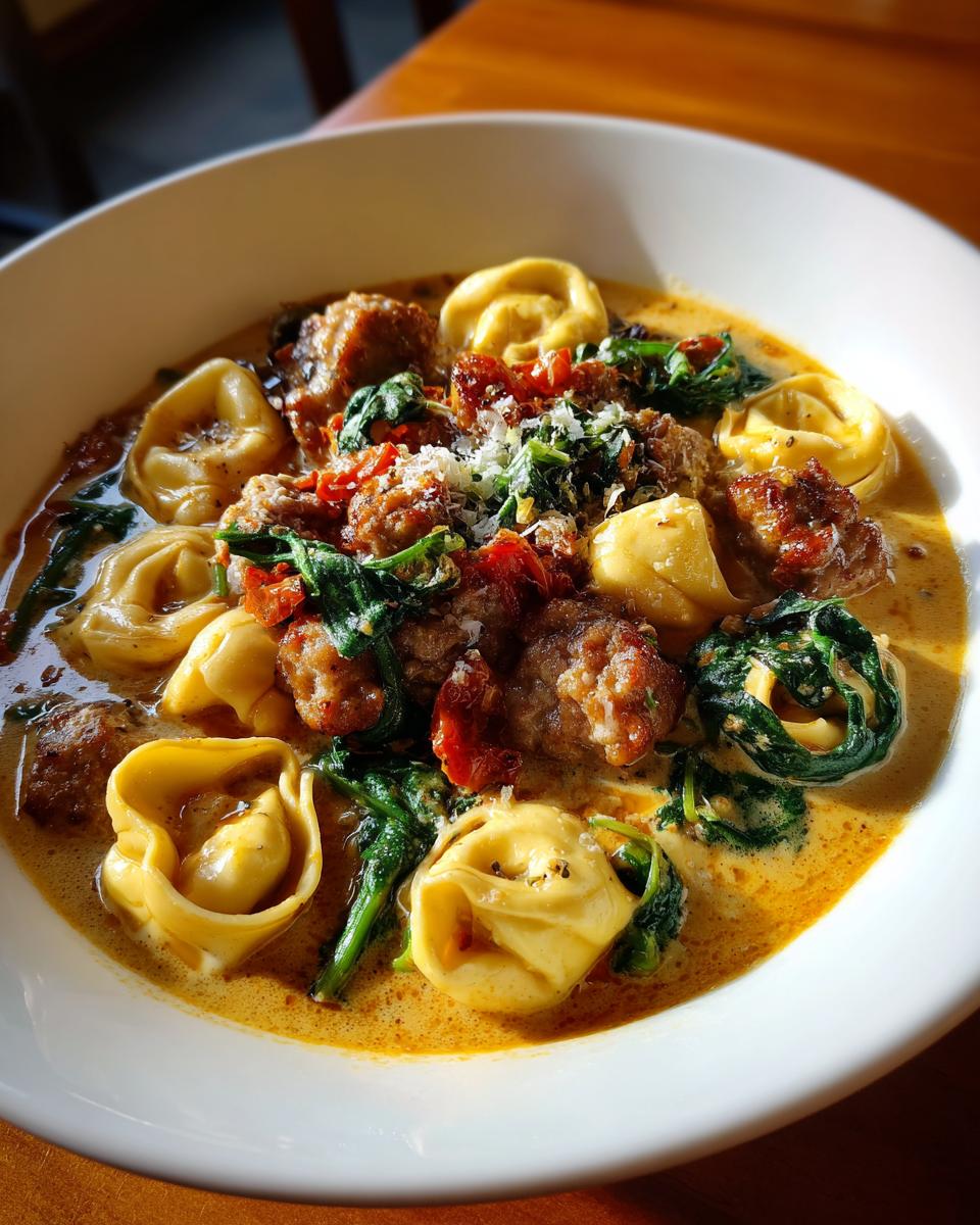 Close-up of a white bowl filled with creamy sausage tortellini soup, featuring sausage chunks, tortellini pasta, spinach, and grated cheese.