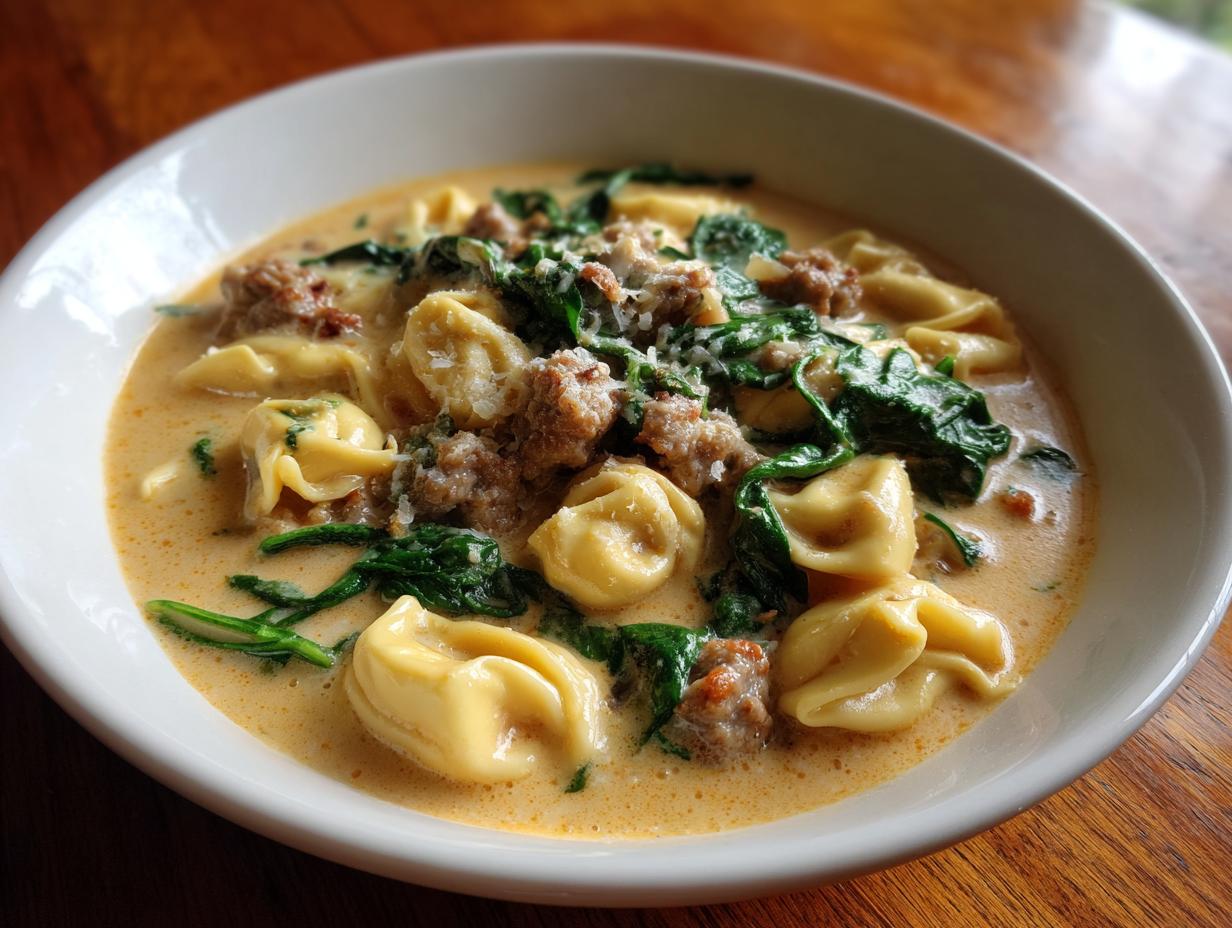 A close-up of a bowl of creamy sausage tortellini soup, featuring tortellini, crumbled sausage, and wilted spinach.
