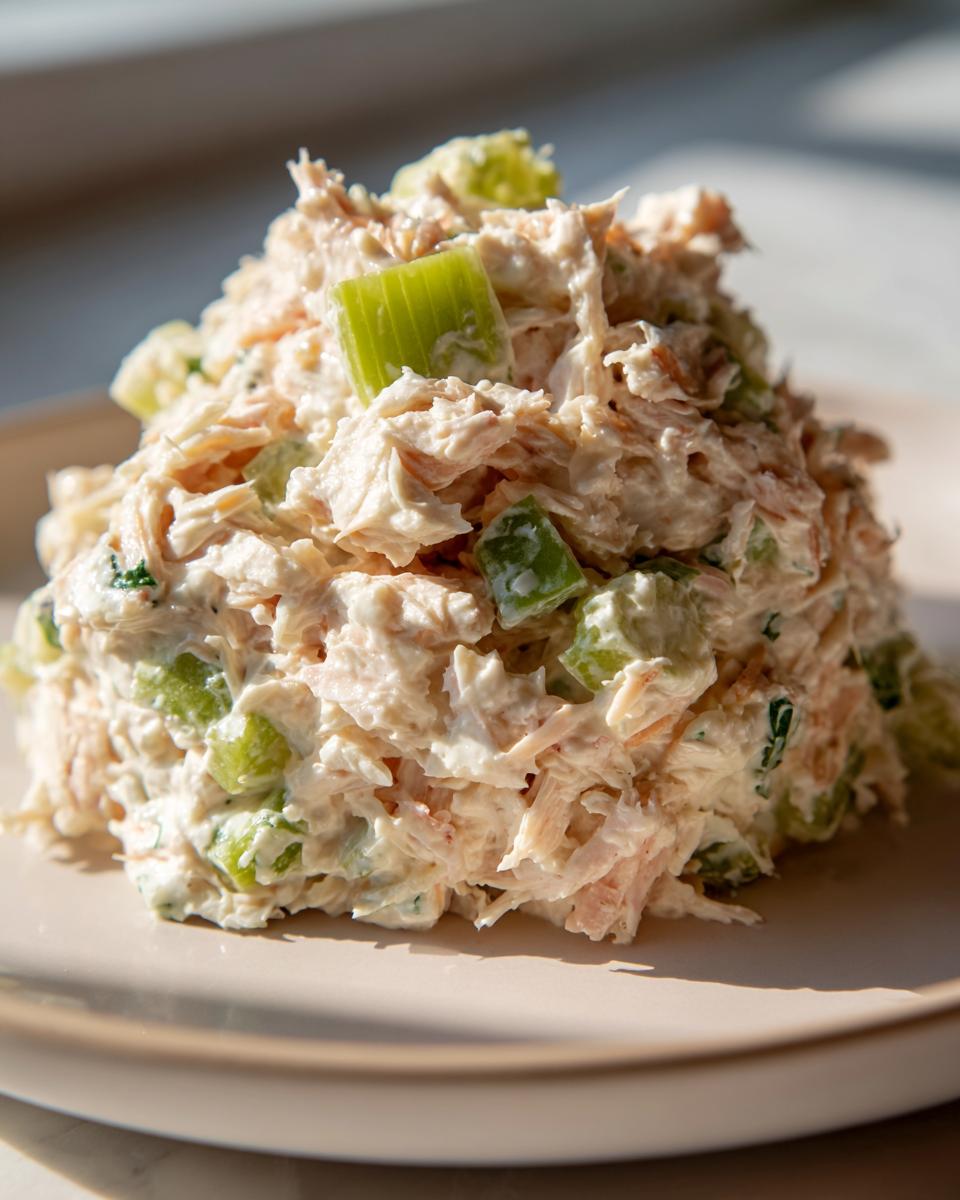 A mound of creamy seafood salad mixed with visible chunks of bright green celery, served on a light plate.