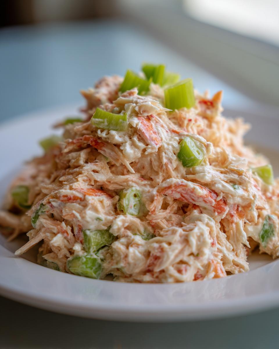 Close-up of creamy seafood salad mixed with orange shreds and topped with bright green chopped celery.
