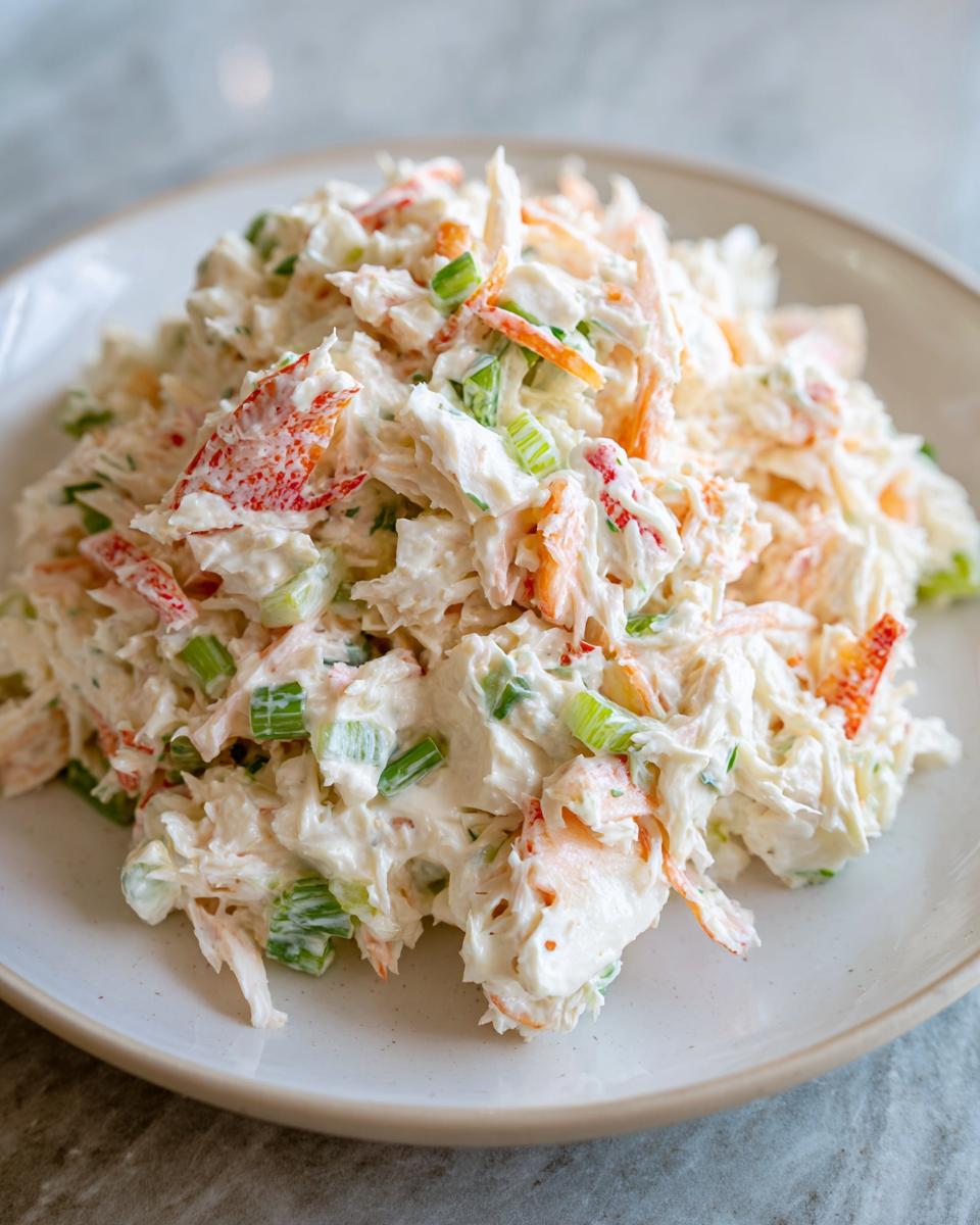 A mound of creamy seafood salad mixed with shredded seafood, carrots, and green onions served on a light plate.