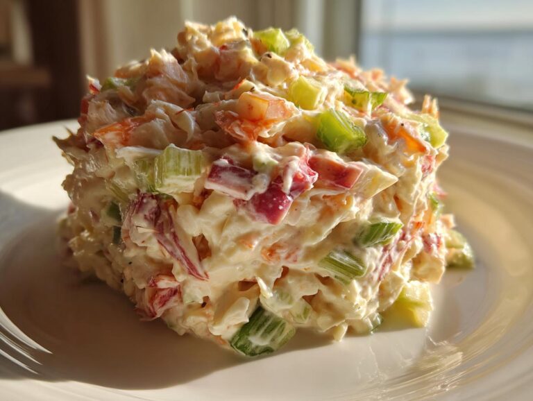 A close-up, molded serving of creamy seafood salad featuring chunks of seafood, celery, and red pepper on a white plate.