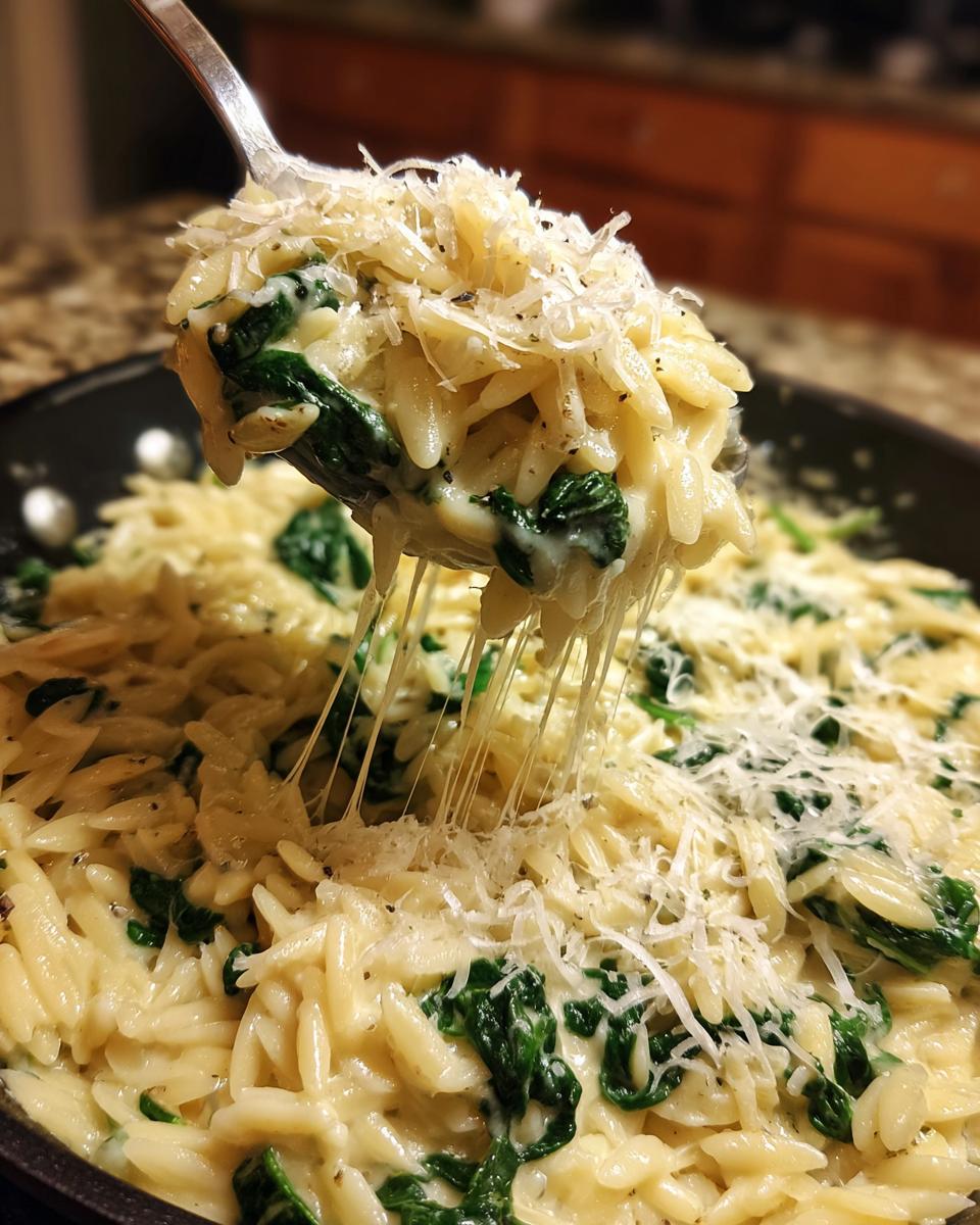 Close-up of creamy orzo pasta with spinach being lifted by a spoon, showing long cheese pulls and grated Parmesan topping.