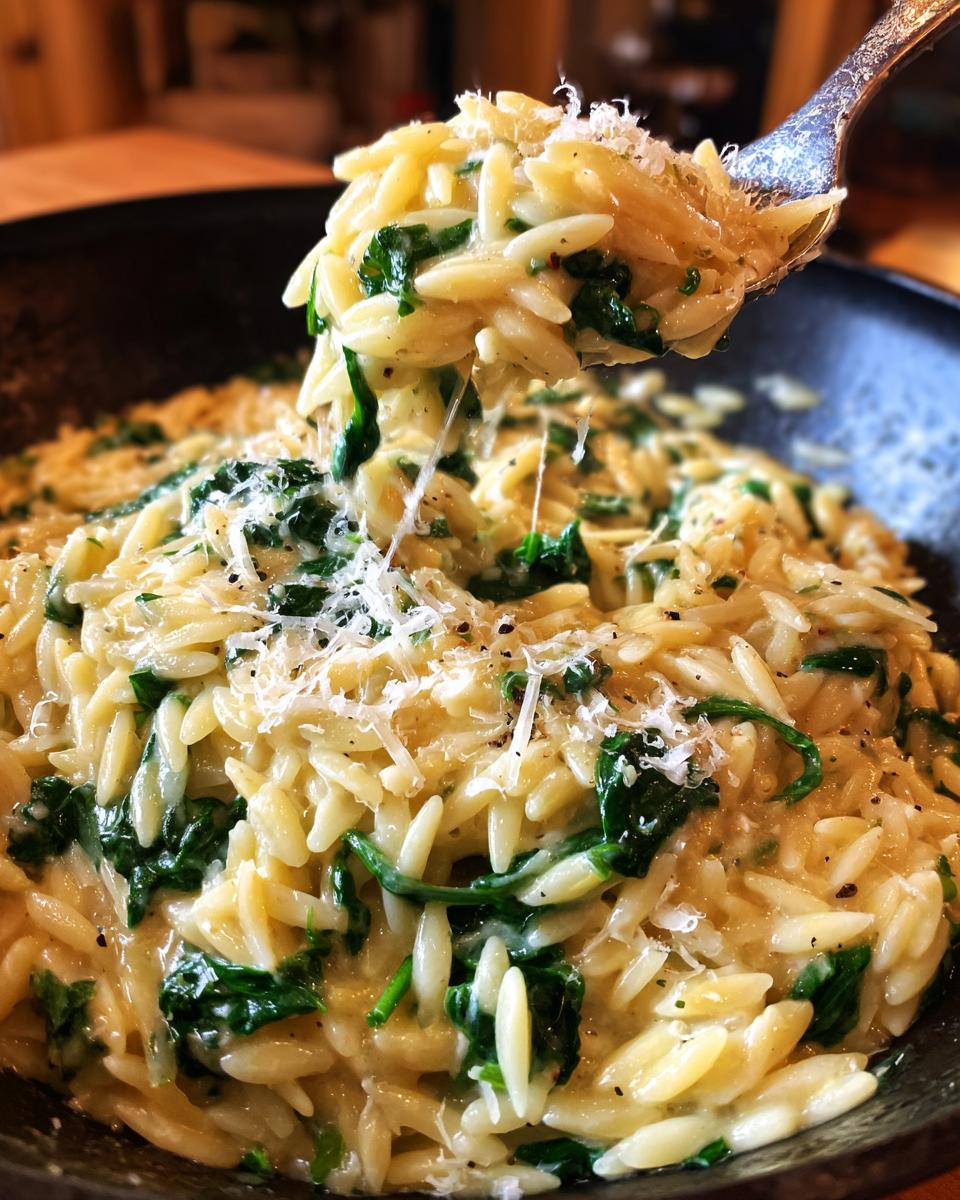 Close-up of a creamy, cheesy orzo pasta dish with wilted spinach, topped with grated Parmesan cheese, lifted by a fork.