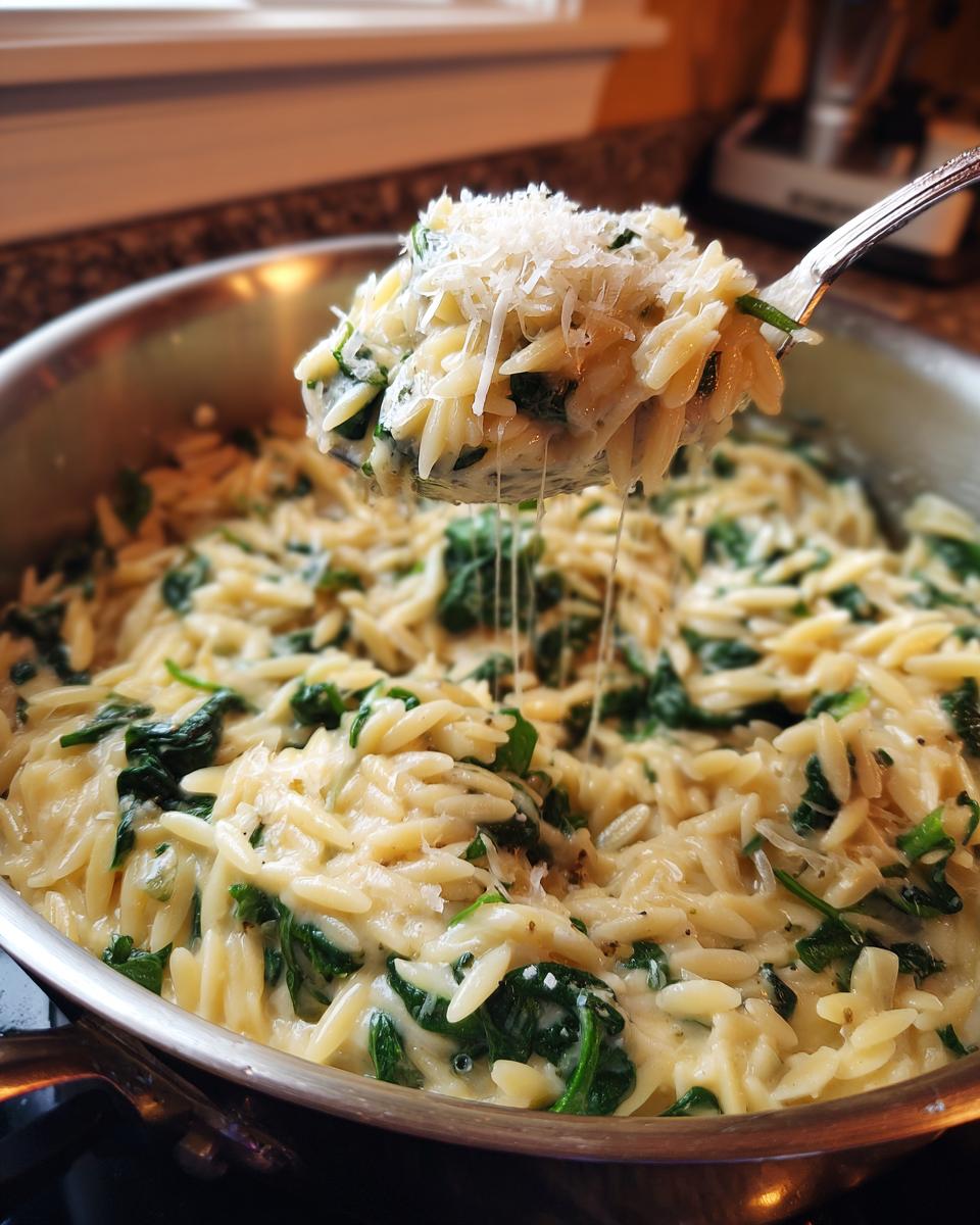 A spoonful of creamy spinach orzo pasta topped with grated Parmesan cheese being lifted from the pan.