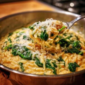 A spoonful of creamy, cheesy orzo pasta mixed with wilted spinach, topped with grated Parmesan cheese.