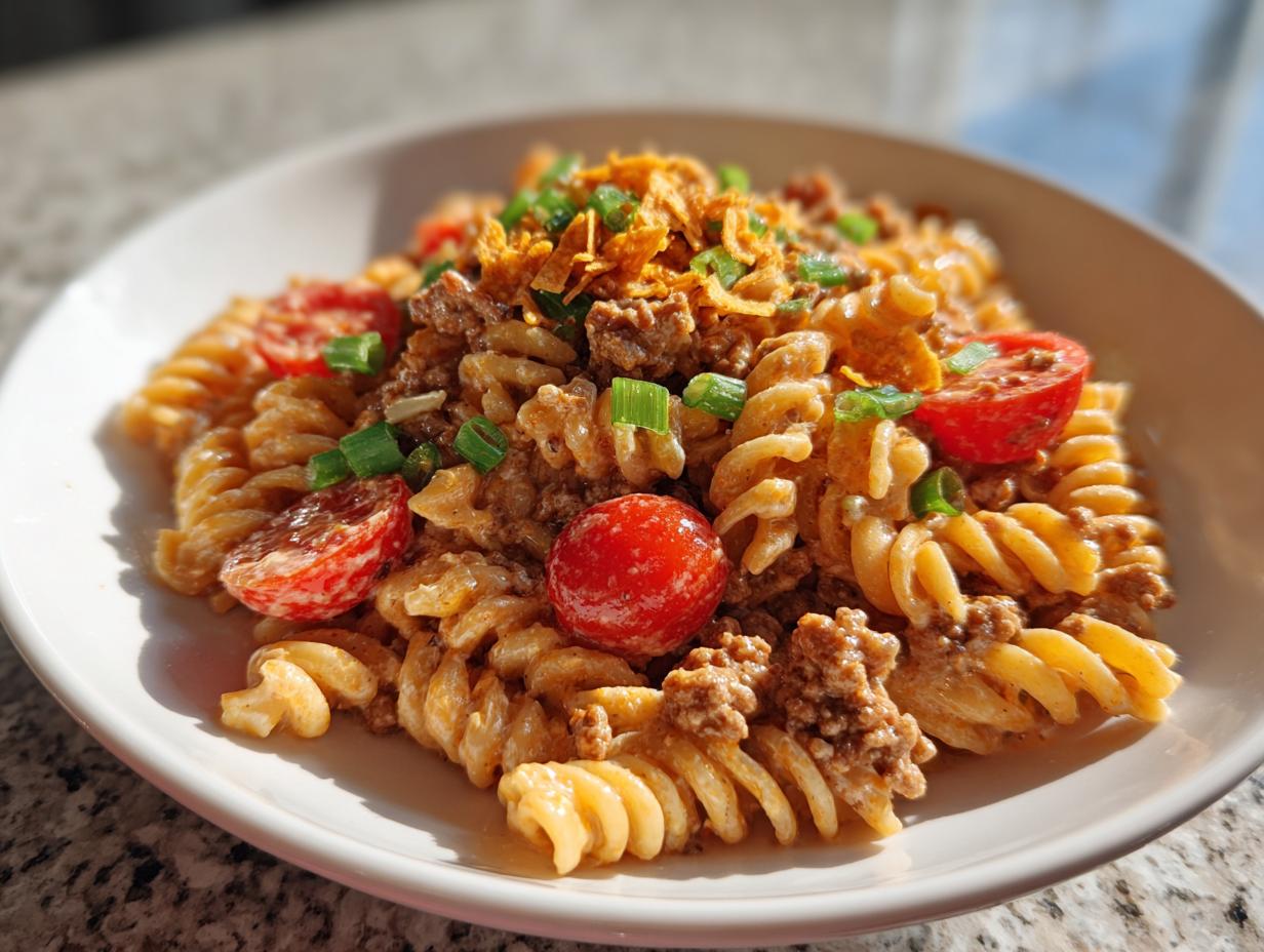 A close-up of a serving of creamy taco pasta salad featuring rotini pasta, seasoned ground meat, cherry tomatoes, and green onions.