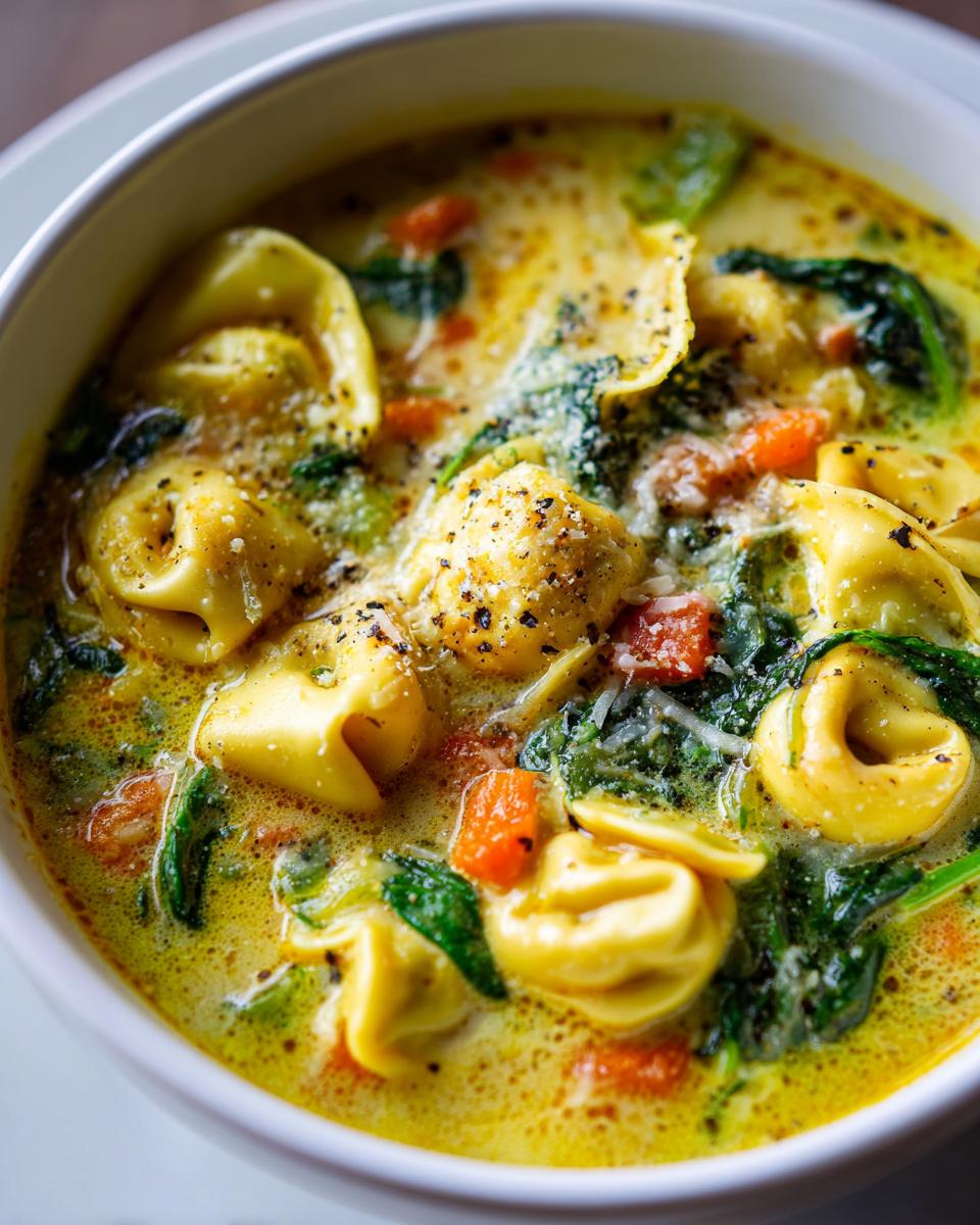 A close-up bowl of rich, creamy tortellini soup featuring cheese tortellini, wilted spinach, and diced carrots, topped with pepper.