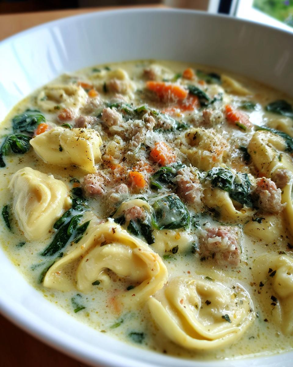 A close-up view of a white bowl filled with creamy tortellini soup, featuring pasta, sausage, spinach, and grated cheese.