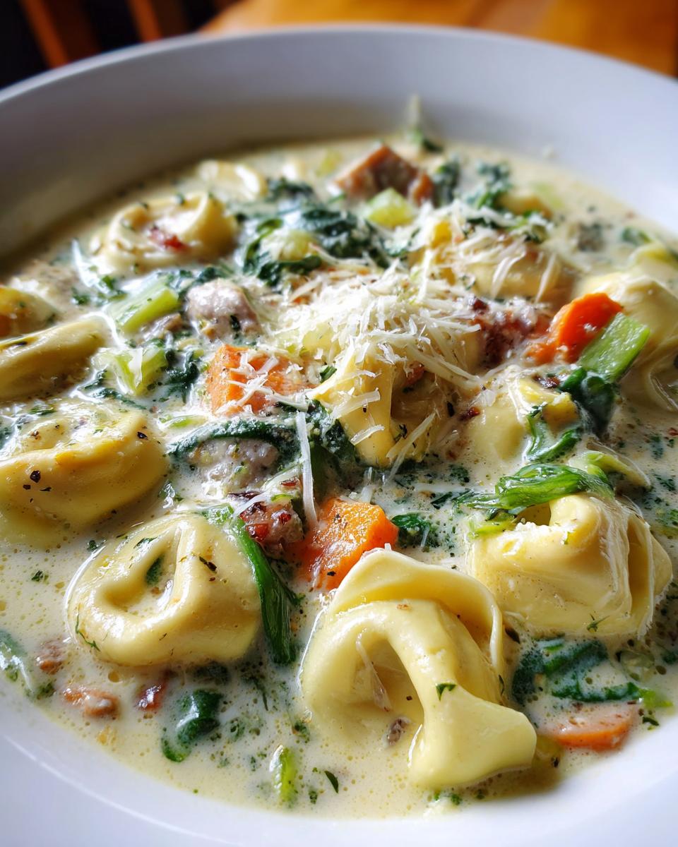 A close-up view of a bowl of creamy tortellini soup, featuring pasta, spinach, carrots, and topped with grated Parmesan cheese.