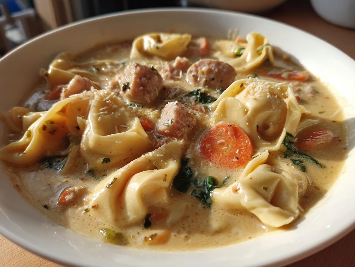 A close-up shot of a bowl filled with rich, creamy tortellini soup featuring pasta, sausage chunks, sliced carrots, and spinach.