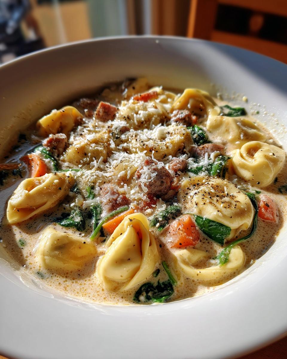 Close-up of a bowl of creamy tortellini soup featuring tortellini pasta, sausage crumbles, spinach, and grated Parmesan cheese.