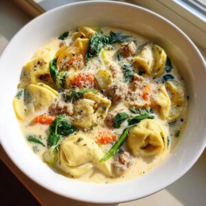 Close-up of a white bowl filled with creamy tortellini soup, featuring tortellini, sausage crumbles, spinach, and grated cheese.