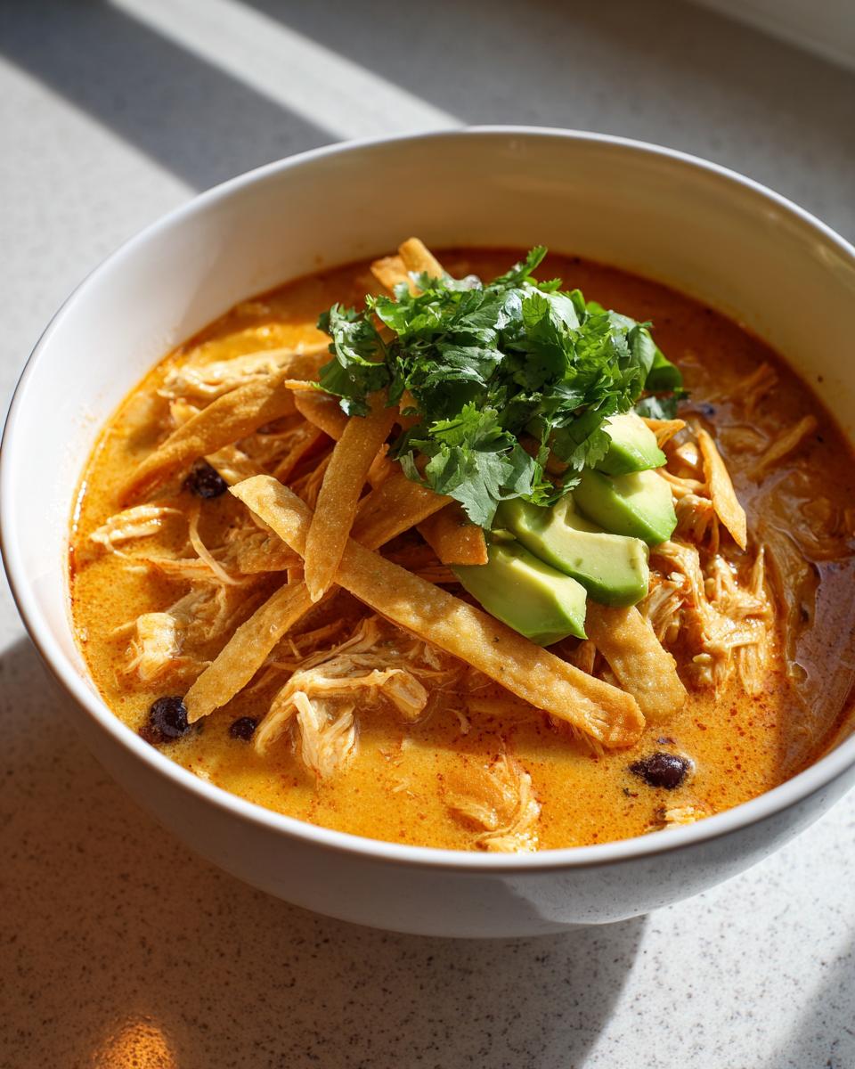 A close-up of creamy tortilla soup filled with shredded chicken, topped with crispy tortilla strips, sliced avocado, and fresh cilantro.