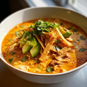 Close-up of a bowl of creamy tortilla soup, topped with avocado slices, crispy tortilla strips, and fresh cilantro.