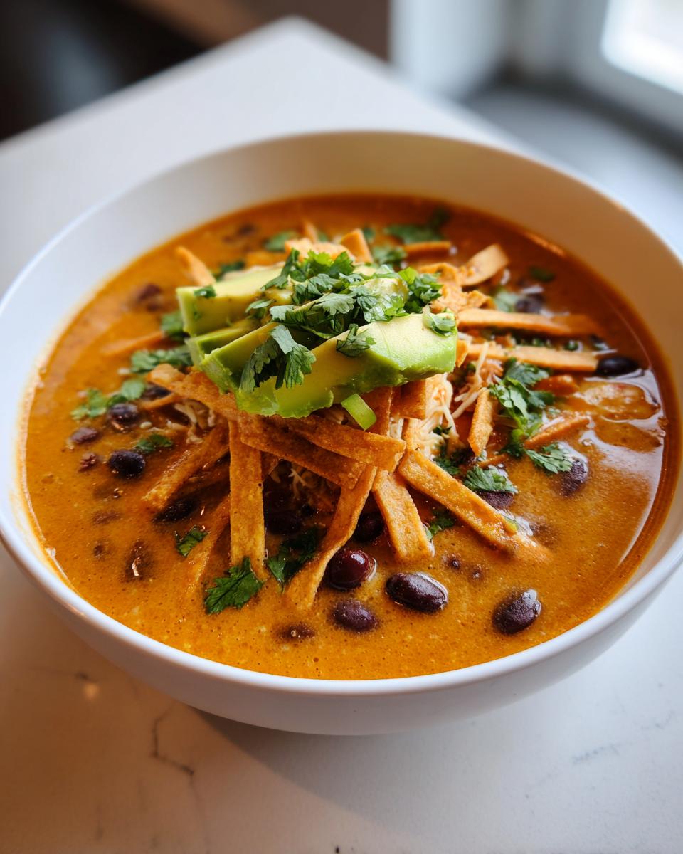 Close-up of a bowl of creamy tortilla soup garnished with black beans, avocado slices, cilantro, and crispy tortilla strips.