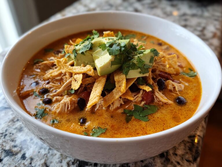 A close-up of a bowl of creamy tortilla soup filled with shredded chicken, black beans, and topped with avocado slices.