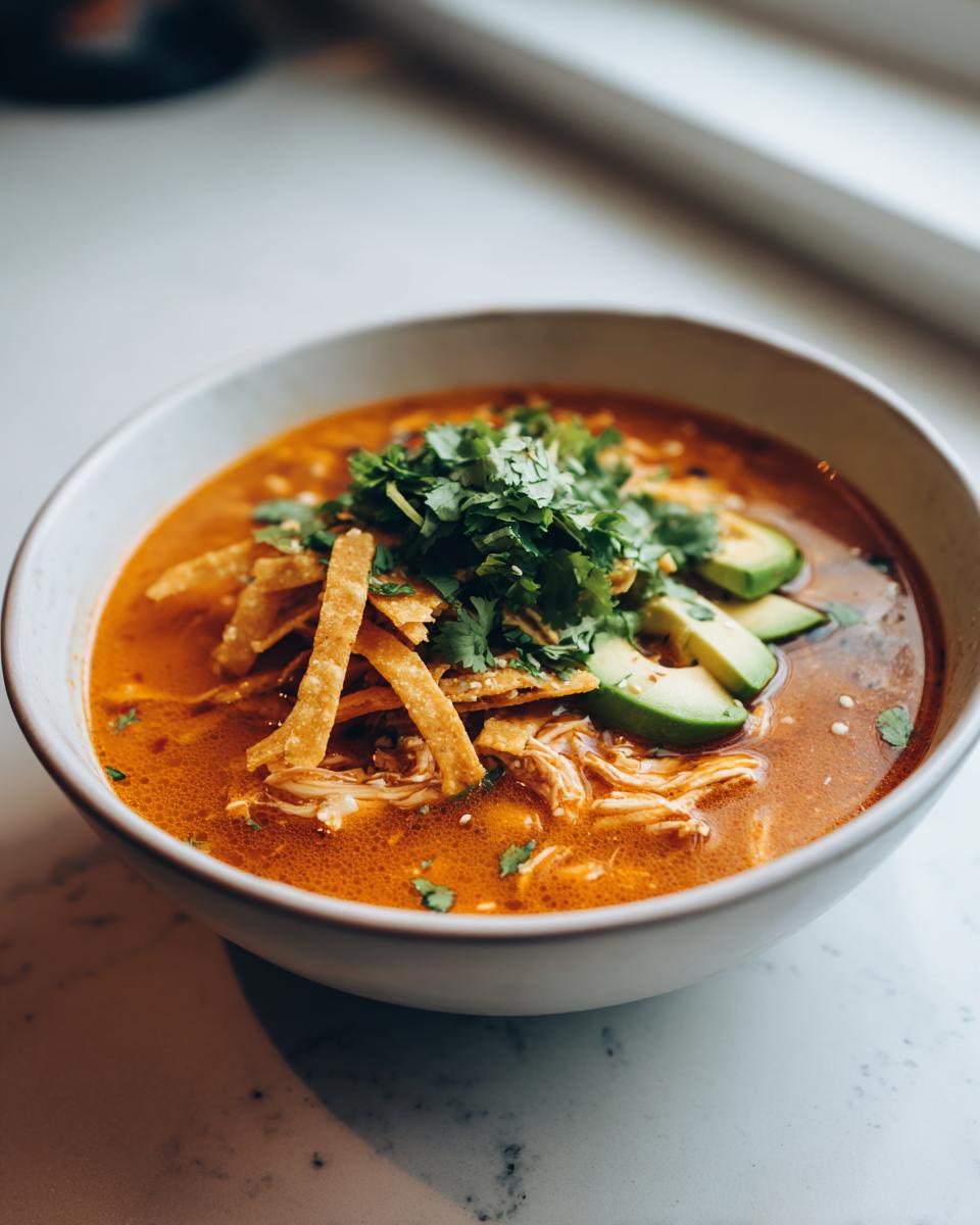A close-up of a bowl of creamy tortilla soup, topped with shredded chicken, crispy tortilla strips, avocado slices, and fresh cilantro.
